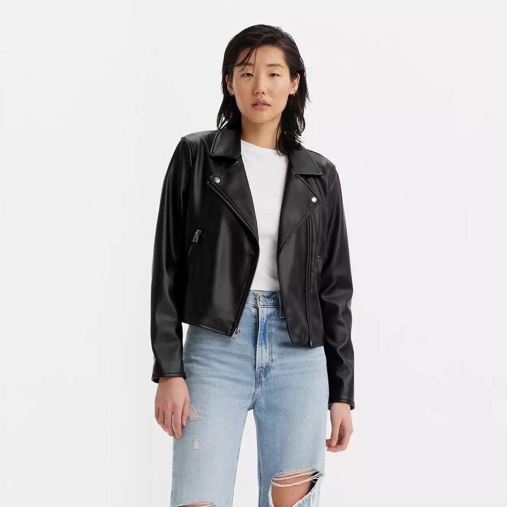 Levi's Faux Leather‎ Moto Jacket Women Large Black NEW Asymmetrical Zip Biker